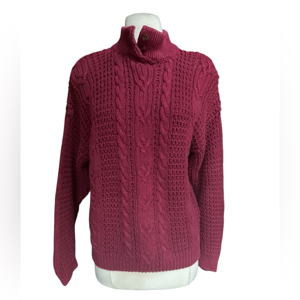 1980s Burgundy Cotton Blend Cable-Knit Pullover Sweater w/Button Closure at Neck